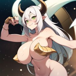 ai_generated armored_female background big_breasts big_horns bracelet bracelets digital_drawing_(artwork) digital_media_(artwork) female female_focus female_only female_solo glove golden_gloves golden_horns green_eyes hidden_snippes horns lindey_(uuuuufdg) magic piercings semi-body semi_naked showing_breasts smiling uuuuufdg water wet_body