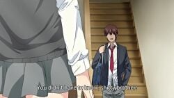 1boy 2girls :>= almost_caught blowjob blowjob_face brother_and_sister brown_eyes brown_hair censored cum cum_in_mouth cum_inside english_subtitles english_text fellatio hentai incest longer_than_30_seconds mother school_uniform sister stray_pubic_hair tagme two_side_up video