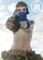 1girls bandana blonde_hair eyelashes gloves green_eyes gun headphones looking_at_viewer mask masked_female middlemansfm military original_character pants pointing_gun solo solo_female the_division the_division_2 topless wet