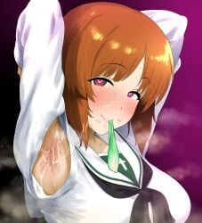 1girls armpit_cutout armpit_hair armpits arms_behind_back blush breasts clothing_cutout condom condom_in_mouth cum cum_on_armpit cum_on_face daroon5 female girls_und_panzer heart-shaped_pupils large_breasts looking_at_viewer mouth_hold nishizumi_miho ooarai_school_uniform presenting_armpit sailor_collar school_uniform smell smile solo steaming_body stray_pubic_hair sweat upper_body used_condom
