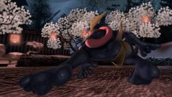 3d 3d_(artwork) ass from_below glowing glowing_eyes greninja lantern male male_only mightyk7 night nintendo no_humans outdoors pokémon_(species) pokemon pokemon_(species) sky solo toes tree