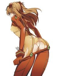 anus ass asuka_langley_sohryu back blue_eyes clothing dat_ass erect_nipples erection_under_clothes female from_behind long_hair looking_back mebae neon_genesis_evangelion orange_hair plugsuit pussy rebuild_of_evangelion see-through see-through_clothing simple_background small_breasts solo test_plugsuit tied_hair torn_clothes twintails uncensored