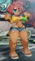 1girls alternate_version_available arc_system_works blue_eyes bra bracelet brazilian brazilian_female breasts choker dark-skinned_female dark_skin female giovanna_(guilty_gear) guilty_gear guilty_gear_strive highres jellot jewelry large_breasts red_hair sandals shorts sweat tan tanline thick_thighs thighs thong underwear wide_hips