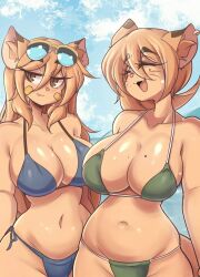 2girls big_breasts bikini breasts cleavage female furry goya's_mom_(lucyfercomic) goya_(lucyfercomic) huge_breasts lucyfercomic meme mother_and_daughter mother_daughter_boob_envy_(meme) original tagme thick_thighs wide_hips