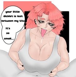 big_breasts boobjob breasts breasts_bigger_than_head color colored dominant_female drool drool_string drooling drooling_on_penis femdom femdom_caption gin_(tsuman) huge_breasts paizuri pink_eyes pink_hair small_dom_big_sub small_penis small_penis_adoration small_penis_humiliation spit spit_on_penis spitting_on_penis submissive_male sweat sweatdrop sweating sweaty titjob tsuman_(artist)