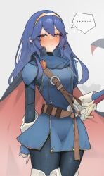 ... 1girls absurdres azz0422 belt black_cape blue_eyes blue_hair blue_pants blush brand_of_the_exalt cape closed_mouth eyelashes falchion_(fire_emblem) female female_only fire_emblem fire_emblem_awakening gold_trim highres long_hair looking_at_viewer lucina_(fire_emblem) nintendo pants red_cape sheath sheathed solo spoken_ellipsis sword symbol-shaped_pupils thighs tiara two-tone_cape weapon white_background