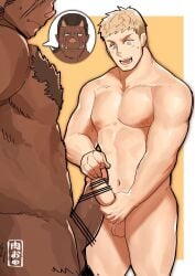 2boys bar_censor bara blonde_hair boar_boy body_fur brown_hair censored chest_tuft dark-skinned_male dark_skin dungeon_meshi excited foreskin girthy_penis highres interspecies laios_touden large_pectorals male_focus mature_male monster_boy multiple_boys muscular muscular_male nikuo_(29niku) nude orc pectorals penis penis_size_difference penises_touching pointy_ears short_hair spoken_expression standing sweatdrop thick_eyebrows tusks yaoi zon_(dungeon_meshi)