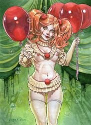 1girls 2020s 2021 balloon breasts bubble bubbles clown clown_girl female genderswap_(mtf) green_eyes it looking_at_viewer makeup medium_breasts orange_hair pennywise rule_63 standing stephen_king topless tulpa twintails yuranart