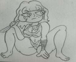 alert barefeet barefoot bikini cavewoman colorless cosplay crouching crouching_female drawing feral freckles jackie_lynn_thomas jungle jungle_girl knife large_ass large_breasts loincloth ooga_booga pencil_(artwork) prehistoric primitive savage savage_land shanna_the_she-devil star_vs_the_forces_of_evil tarzan thick_thighs tooth_necklace tribal unga_bunga wild