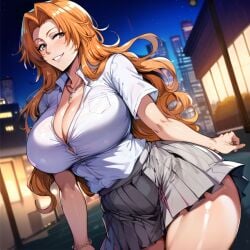 1girls ai_generated alternate_breast_size big_breasts bleach bostin breasts busty cleavage curvaceous curvy curvy_body curvy_female curvy_figure female huge_breasts large_breasts matsumoto_rangiku nipples outdoors school_uniform skirt solo sweat sweating sweaty sweaty_body sweaty_breasts thick_thighs thighs