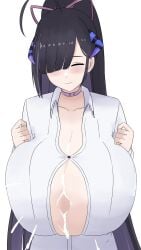 1boy 1girls animated big_breasts black_hair breasts cleavage cum cum_between_breasts cum_drip cum_inside cum_on_body cum_on_breasts ejaculation ejaculation_between_breasts grabbing hair_over_one_eye heart-shaped_pupils horns huge_breasts indie_virtual_youtuber large_breasts motion_lines nao_(ritsancrossover) paizuri penis perpendicular_paizuri purple_eyes tagme video virtual_youtuber white_shirt yura_rikudou