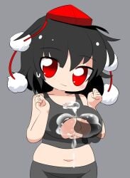 1boy black_hair black_shorts black_sports_bra blank_censor blush breasts censored closed_mouth clothing_cutout commentary_request cookie_(touhou) cowboy_shot cum cum_on_body cum_on_breasts female hands_up hat highres large_breasts lets0020 looking_at_viewer maru_(cookie) medium_bangs paizuri penis perpendicular_paizuri ponytail red_eyes red_hat shameimaru_aya short_hair shorts simple_background smile solo_focus sports_bra straight tokin_hat touhou underboob_cutout variant_set