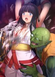 1boy 1girls ainu_clothes armpits arms_up black_hair blood blue_eyes blush bondage bound breasts claw_(weapon) defeat evil_smile female gen-an hair_ribbon highres injury legs long_hair male molestation nakoruru nipples no_bra open_mouth pants ribbon samurai_shodown small_breasts smile snk surprised sweat thighs torn_clothes ugly weapon wide-eyed