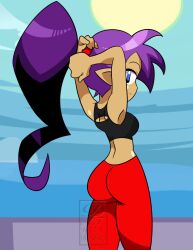 1girls ass back_view blue_eyes datwondoude gym_clothes long_hair ponytail purple_hair shantae shantae_(character) sports_bra