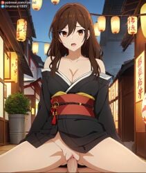 ai_generated anime brown_eyes brown_hair cowgirl_position hori_kyouko horimiya kimono large_breasts male penis ranwai sex stable_diffusion vaginal_penetration vaginal_sex