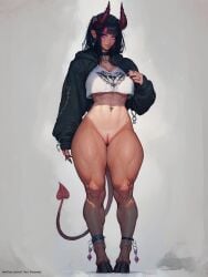 1female 1woman abs absurd_res absurdres ai_generated anklet athletic athletic_female bangs big_breasts black_hair bottomless bracelet breasts cute demon demon_girl demon_horns demon_tail demon_wings earrings female female_focus female_only goth hoodie hooves horns iluvhooves muscular muscular_female muscular_thighs navel_piercing piercing pussy shirt shy solo solo_focus stable_diffusion succubus tan_body tan_skin tanline thick_thighs thighs