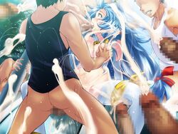 blue_eyes blue_hair breast_grab breasts censored clothing cosplay covering_face cum darkstalkers ejaculation felicia_(darkstalkers)_(cosplay) fellatio female gangbang glasses hair irrumatio kogure_chiaki large_breasts medium_breasts multiple_boys multiple_penises oral penis play!_play!_play! public_use pussy rape school_uniform stockings tongue wazakita