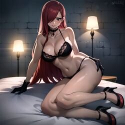 1girls ai_generated backlighting bare_shoulders bed bed_sheet bedroom big_breasts black_bra black_choker black_lingerie black_panties blush bra breasts brown_eyes choker cleavage collarbone earrings erza_scarlet eyelashes fairy_tail full_body hair_over_one_eye high_heels indoors large_breasts long_hair looking_at_viewer navel on_bed panties parted_lips red_hair sidelocks smile snazzdaz snazzle solo solo_focus thick_thighs thighs underwear watermark