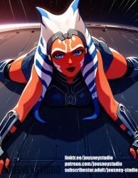 ahsoka_tano ai_generated alien alien_girl animification armor artist_name blue_eyes boots breasts clone_wars clothing colored_skin english_text facial_tattoo female female_only fingerless_gloves footwear gloves jedi jedi_padawan jousneystudio large_breasts lips long_hair looking_at_viewer lying medium_breasts on_stomach open_mouth orange_skin patreon_username science_fiction shiny skirt smile solo space star_wars tattoo tentacle_hair thighs togruta vambraces web_address
