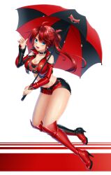 absurd_res blue_eyes breasts high_heel_boots keita_(tundereyuina) large_breasts original_character race_queen red_hair side_ponytail source_deleted thick_thighs umbrella