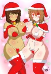 2girls breasts brown_hair chara christmas closed_eyes fae-sama female frisk huge_breasts multiple_girls presenting red_eyes smile stockings thick thick_thighs thong undertale voluptuous yuri