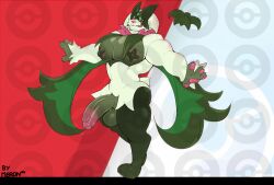 anthro big_muscles big_pecs big_penis clothed clothing felid feline fur generation_9_pokemon genitals green_body green_fur humanoid humanoid_genitalia humanoid_penis male mammal meowscarada merong muscular muscular_anthro muscular_male nintendo nipples pecs penile penis pokemon pokemon_(species) smile solo tongue tongue_out