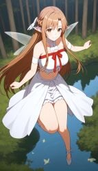 ai_generated dress ear_covers elf fairy fairy_wings flying forest full_body gumi_arts lake large_breasts light_brown_eyes light_brown_hair long_hair looking_down midriff navel pointy_ears ribbon smile stable_diffusion sword_art_online thick_thighs water yuuki_asuna