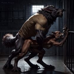 ai_generated anal anal_sex canine digitigrade doggy_style duo fox gay looking_pleasured male_on_male muscular_male orgasm_face prison prison_cell realistic smaller_male snarling solo werewolf wolf