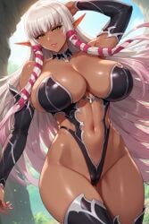 2d ai_generated big_breasts bikini dark-skinned_female elf elf_ears evelyn_celebrian hellblueboy4 long_hair solo solo_female white_hair youkoso!_sukebe_elf_no_mori_e