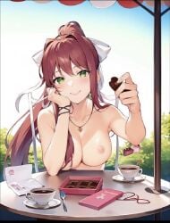 ai_edit ai_generated chocolate cleavage doki_doki_literature_club edit exposed_breasts green_eyes looking_at_viewer medium_breasts monika_(doki_doki_literature_club) outdoors pink_nipples public_nudity smiling table tagme topless white_bow