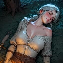 ai_generated breasts cd_projekt_red ciri closed_eyes female forest light-skinned_female mascara night outdoors poortastic sleeping solo solo_female the_witcher_(series) the_witcher_3:_wild_hunt white_hair