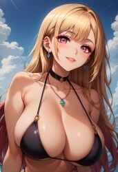 1girls ai-created ai_generated bangs barbell_piercing bare_shoulders beach bikini black_bikini black_choker black_swimsuit blonde_hair blue_sky blush breasts choker clavicle cleavage clothing cloud day ear_piercing earrings eyebrows_visible_through_hair female female_only fractureai halterneck industrial_piercing jewelry kitagawa_marin large_breasts long_hair looking_at_viewer mole navel necklace ocean open_mouth original outdoors parted_lips piercing pink_eyes purple_eyes red_eyes sky smile solo sono_bisque_doll_wa_koi_wo_suru swimsuit upper_body water