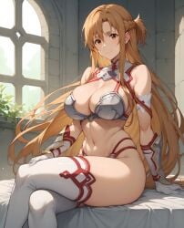 ai_generated beige_hair big_breasts bikini_armor brown_eyes crossed_legs curvaceous curvy_female huge_breasts large_breasts light-skinned_female light_skin long_hair looking_at_viewer smiling solo_female subaruarm sword_art_online thick_thighs thighs voluptuous voluptuous_female yuuki_asuna