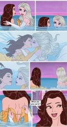 beauty_and_the_beast belle comic disney disney_princess elsa_(frozen) frozen_(film) kissing lipstick serisabibi underwater undressing yuri