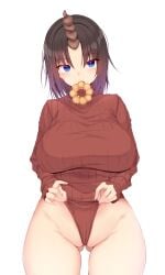 1girl 1girls big_breasts black_hair blue_eyes breasts brown_sweater donut dragon_girl dragon_horn elma_(dragon_maid) female horn karatakewari large_breasts looking_at_viewer miss_kobayashi's_dragon_maid short_hair solo_female undressing