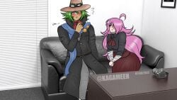 casting_couch danganronpa danganronpa_another fanganronpa fully_clothed green_hair imminent_sex kagameeh kagami_(kagameeh) light_skin pink_hair sdra2 super_danganronpa_another_2