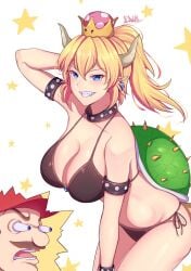 band-width bare_shoulders bikini blonde_hair blue_eyes bowsette breasts curvy hips large_breasts looking_at_viewer mario mario_(series) new_super_mario_bros._u_deluxe sharp_teeth smile smiling_at_viewer super_mario_bros.