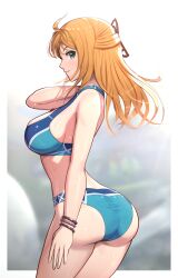 1girls absurd_res alternate_costume ass ass ass_focus bare_shoulders bikini blonde_hair blue_bikini blue_swimsuit bracelet breasts bubble_butt cleavage female female_only fiora_(xenoblade) gonzarez green_eyes highres large_ass large_breasts long_hair looking_at_viewer looking_back midriff monolith_soft nintendo official_alternate_costume swimsuit thick_ass thick_thighs thighs voluptuous water wet xenoblade_(series) xenoblade_chronicles