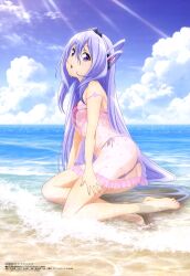 ass bare_arms bare_belly bare_legs bare_shoulders bare_thighs barefoot beach bikini breasts feet gakusen_toshi_asterisk long_hair medium_breasts megami_magazine nail_polish official_art open_mouth purple_eyes purple_hair sea see-through see-through_clothing sideboob strap_slip sylvia_lyyneheym thighs toes underboob water wet_body