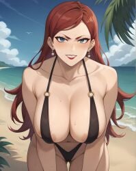 ai_generated areolae athletic_female beach earrings gigantic_breasts green_eyes hilda_boreas_greyrat huge_breasts light-skinned_female light_skin long_hair looking_at_viewer massive_breasts mature_female milf mushoku_tensei pawg red_hair sling_bikini slingshot_swimsuit smiling solo_female subaruarm swimsuit thick_thighs thighs voluptuous voluptuous_female