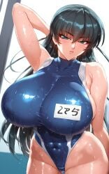 abs ai_generated asagi_igawa bare_shoulders big_breasts black_hair blue_eyes breasts breasts_bigger_than_head gigantic_breasts hi_res high_resolution highres hollowbeak huge_breasts igawa_asagi light-skinned_female light_skin lips long_hair muscular skin_tight sweat sweatdrop sweating sweaty swimming_pool swimsuit swimwear tagme taimanin_(series) taimanin_asagi thick tight_clothes tight_clothing tight_fit wet wet_body wet_skin