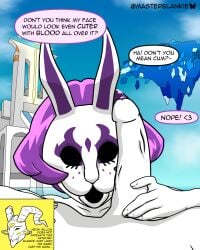 bunny_mask dialogue_bubble dick mask masked masked_female master_blankie neon_violet neon_white neon_white_(character) purple_hair rabbit_mask text_bubble