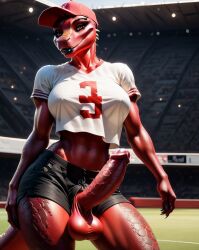 ai_generated balls baseball_cap cock futanari midriff reptile scalie shorts stadium