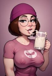 ai_generated clothed_female cum_in_glass cum_in_nose drinking_cum erect_nipples family_guy looking_at_viewer meg_griffin nipple_bulge