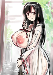 774_(nanashi) areolae black_hair blush breasts breasts_out broom brown_hair female huge_breasts inverted_nipples iwato_kasumi japanese_clothes large_breasts long_hair looking_at_viewer miko outdoors puffy_areolae puffy_nipples saki see-through shrine smile solo yellow_eyes