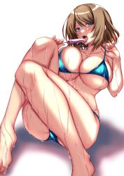 bikini blue_bikini blue_eyes blush brown_hair female ice_cream large_breasts pokemon pokemon_xy serena_(pokemon) takecha thick_thighs wet