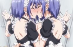 backless_outfit blush breasts_out closed_eyes hoshizuki_kaede hoshizuki_suzu incest kaede_to_suzu kissing large_breasts leaning_on_wall maid_headdress maid_uniform purple_hair sisters standing twins yuri