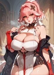 1girls absurd_res ai_generated big_breasts changli_(wuthering_waves) cleavage curvy female_only hair_accessory jacket nihilous parted_lips pink_hair ponytail red_hands thick_thighs white_dress wuthering_waves