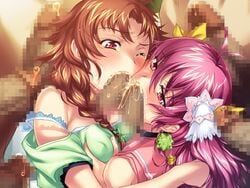 2girls amatsuka_miruku brown_hair censored clothing crying fellatio hair irrumatio kaeba_miyo mosaic_censoring multiple_boys multiple_girls multiple_penises open_mouth oral peeing penis pink_eyes pink_hair play!_play!_play! rape rape!_rape!_rape! red_eyes very_long_hair