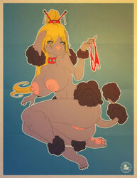 anthro ass big_breasts blakeblazer blonde_hair blue_eyes breasts canine canine clothing collar female hair mammal nipples panties poodle pose pussy simple_background solo underwear